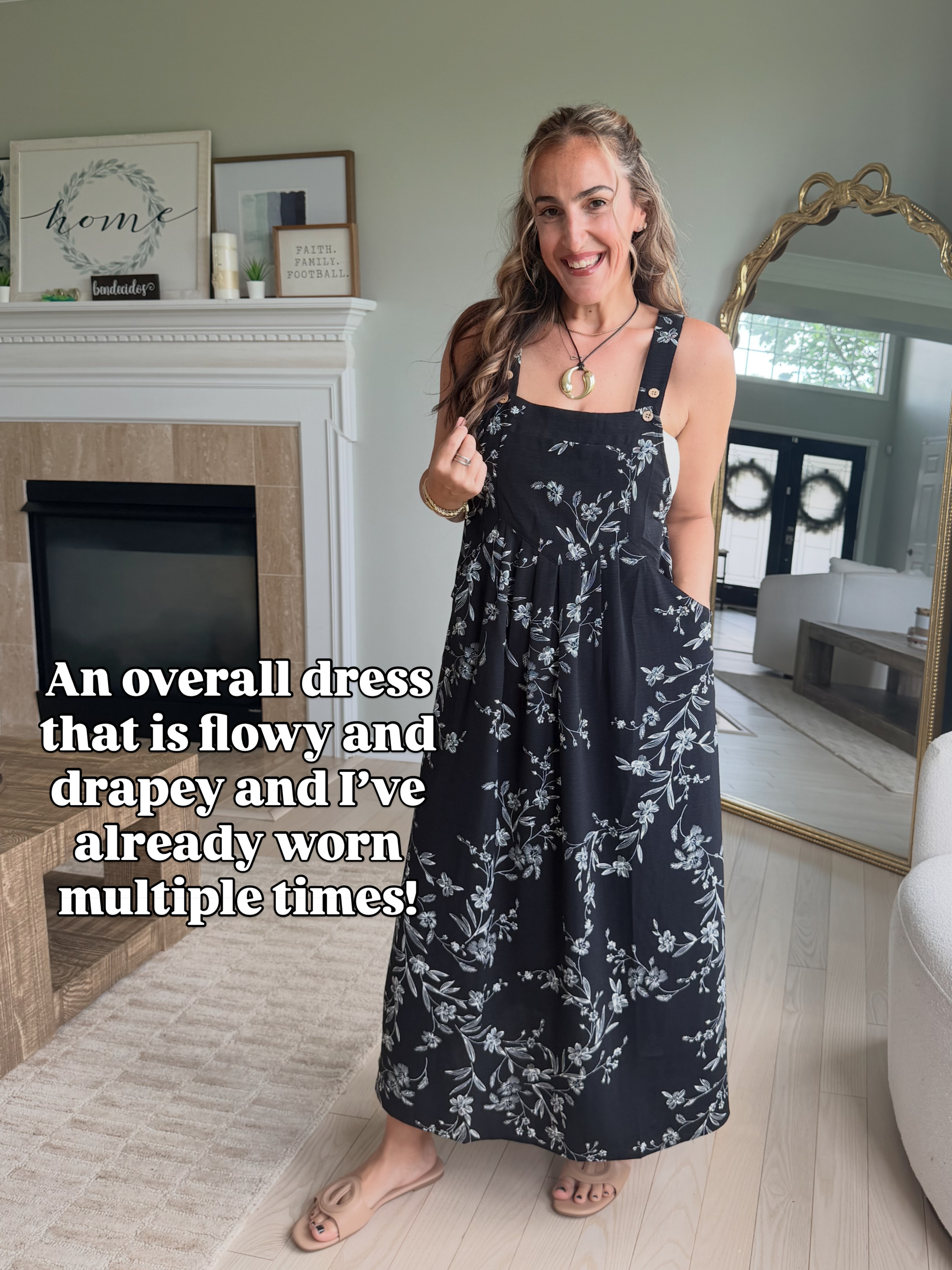 Wearing a medium.  I just love this dress. I've owned and worn the overall version for years and the dress is just so fun. It's unique and comfortable. 
#overalldress #dress #floral 

 #LTKootd #LTKmomlife #LTKOver40
