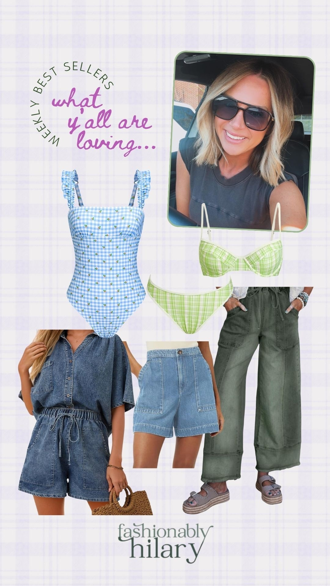 Bestsellers of the week:

Gingham one piece bathing suit 
2-piece denim set 
most requested sunnies (only $12)
mom approved denim shorts 
super comfy dark green pants 
green plaid bikini set 


#LTKSeasonal #LTKMidsize #LTKSwim