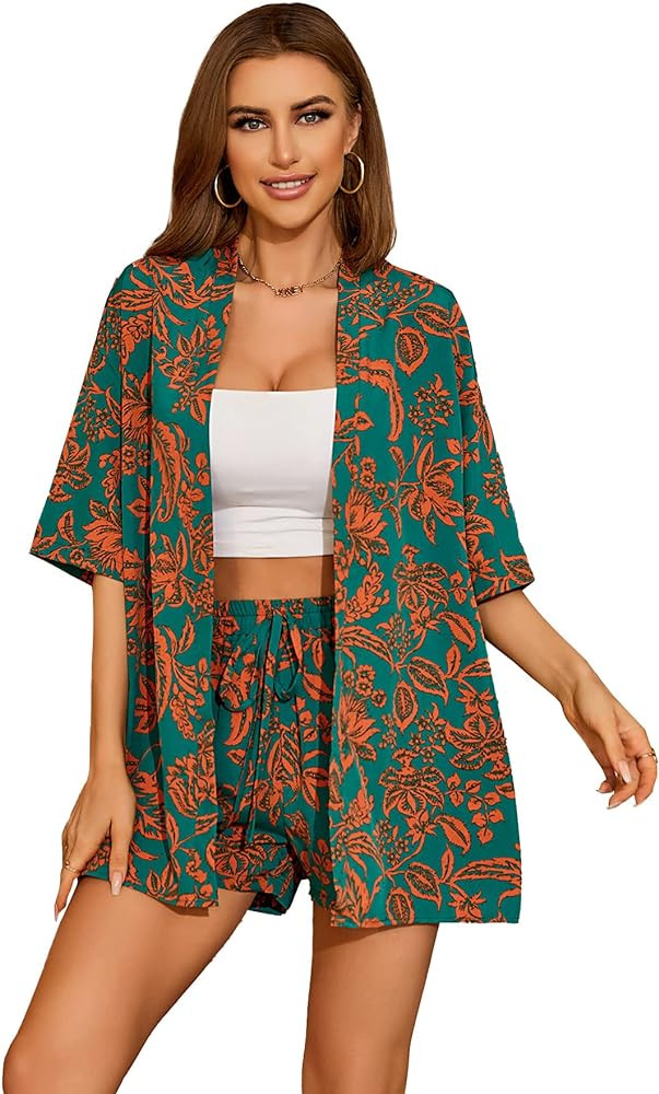 MakeMeChic Women's Plus Size Boho Summer 2 Piece Outfits Tropical 3/4 Sleeve Kimono Cardigan Shir... | Amazon (US)