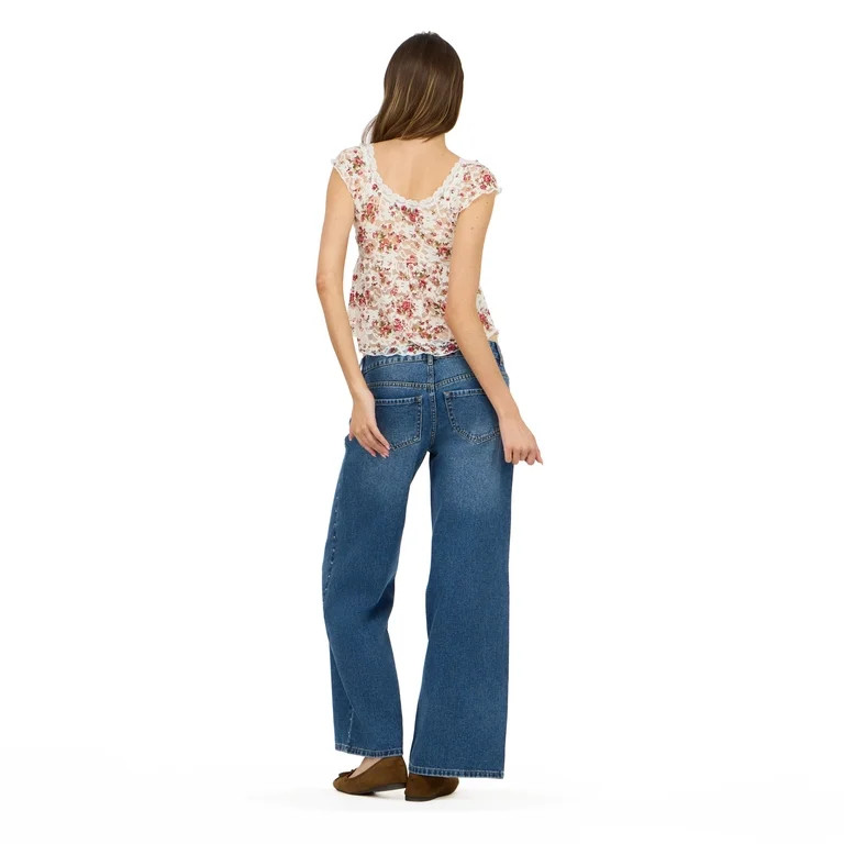 Forever 21 Women's Frill Lace Top with V-Neckline and Pleated Hem - Petal Sleeve Lace Blouse with... | Walmart (US)