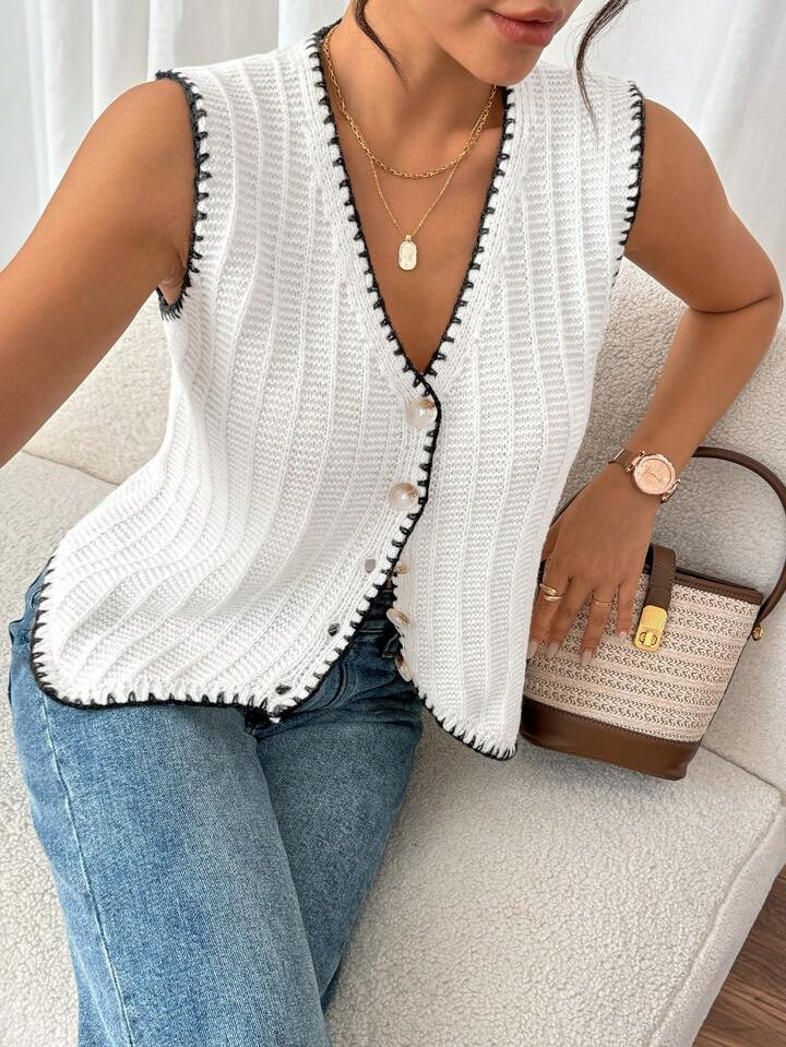 SHEIN Frenchy Women's Solid Color V-Neck Color Block Trim Buttoned Front Sleeveless Knit Cardigan Vest Winter Set Thanksgiving Christmas Outfits Thermal Christmas Sweater Winter Women Clothes | SHEIN