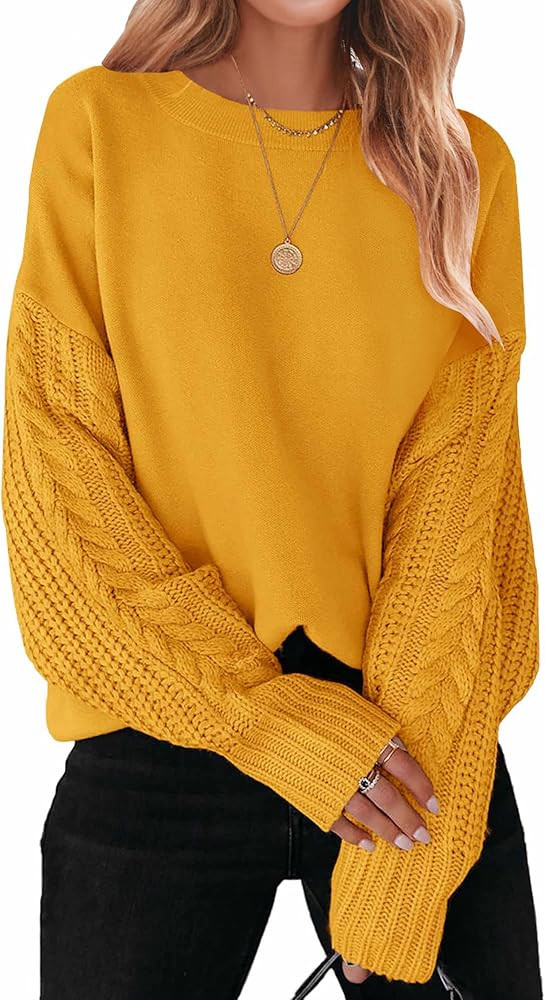 ZESICA Women's 2023 Fall Long Sleeve Crew Neck Solid Color Cable Knit Chunky Casual Oversized Pul... | Amazon (US)