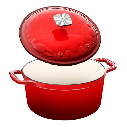 DUTZUN Dutch Oven Pot with Lid - Cast Iron Dutch Oven for Bread Baking Sourdough, Casserole and Braiser with Crab Lid, Square Knob, Nonslid Handles - Red | Amazon (US)