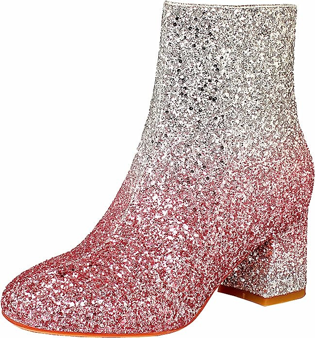 MAVMAX Women's Sequin Glitter Ankle Boots Chunky Heels Sparkly Booties | Amazon (US)