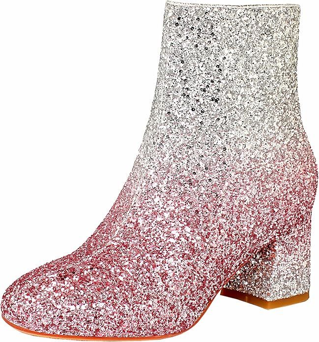 MAVMAX Women's Sequin Glitter Ankle Boots Chunky Heels Sparkly Booties | Amazon (US)