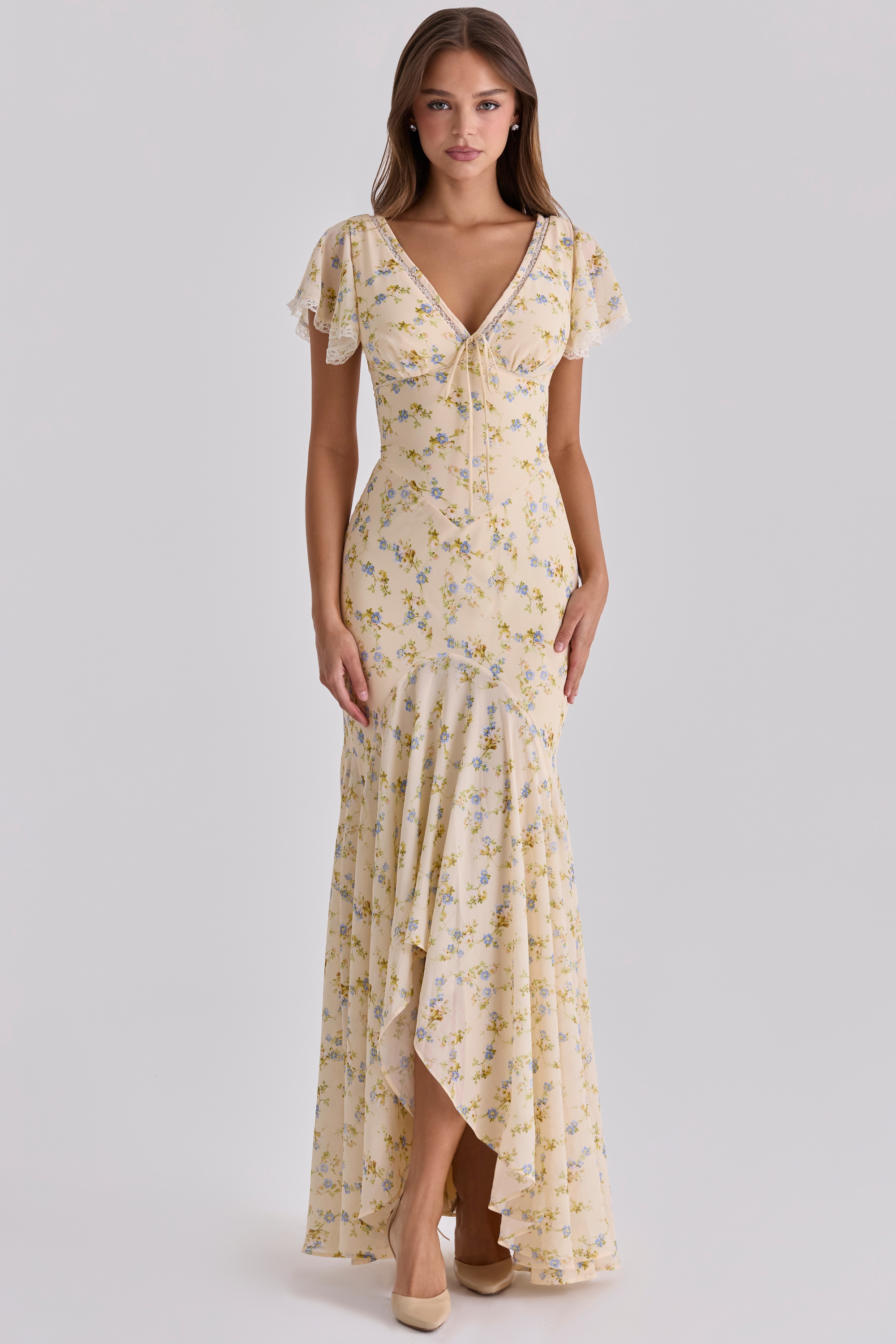 lemon floral print georgette maxi tea dress | House of CB
