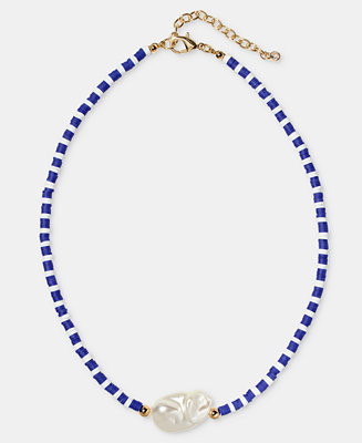 Gold-Tone Blue Bead & Imitation Pearl Collar Necklace, 16" + 2" extender, Macy's Exclusive | Macy's