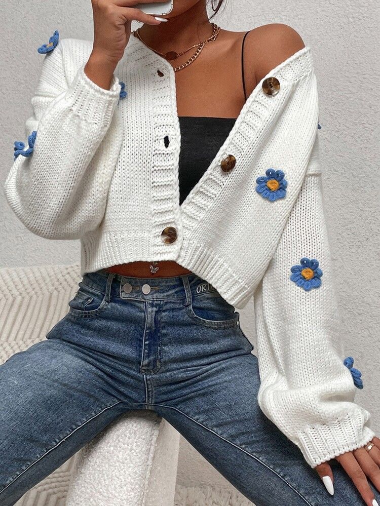 Appliques Rib-knit Drop Shoulder Cardigan | SHEIN