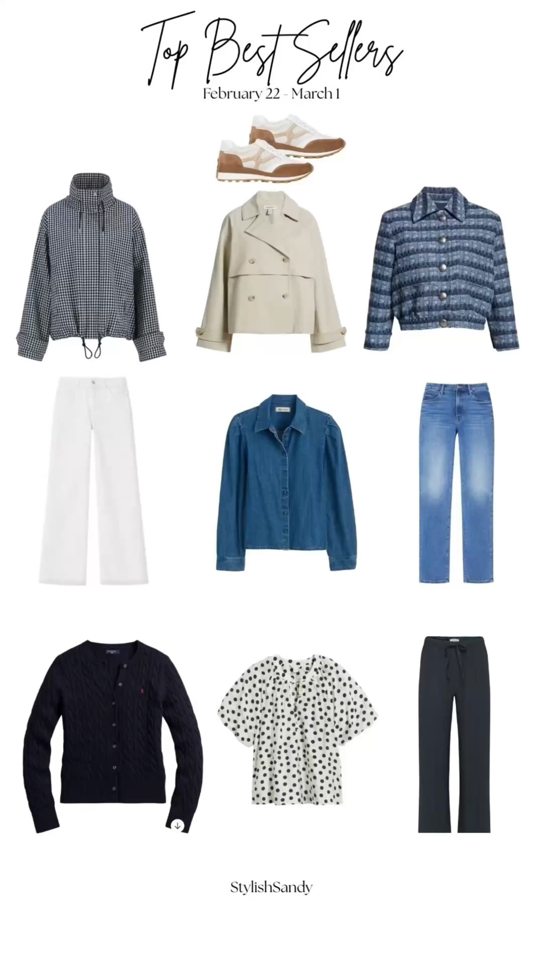 Your top 
Best Sellers of the week

BARBOUR funnel neck jacket-runs big, I'm wearing Suze 4 (a little big on me)
Nordstrom trench - runs tts, I'm wearing xs
Lagence jacket - runs tts, I'm wearing 0
Paige Anessa jeans- runs tts, I'm
Wearing 26
Madewell top runs tts, I'm wearing xs
Mother kick it relaxed straight regular bitchn- if between sizes, size down. I'm wearing 25.
Ralph Lauren cardigan- runs trim, I sized up to a small
Caslon polka dot top runs tts, I'm wearing an XS.
Aritzia lodge pant.  Tts. I'm wearing a regular small for a roomy fit. 
Veronica Beard sneakers- fit tts. 

#LTKootd #LTKOver40 #LTKgrwm