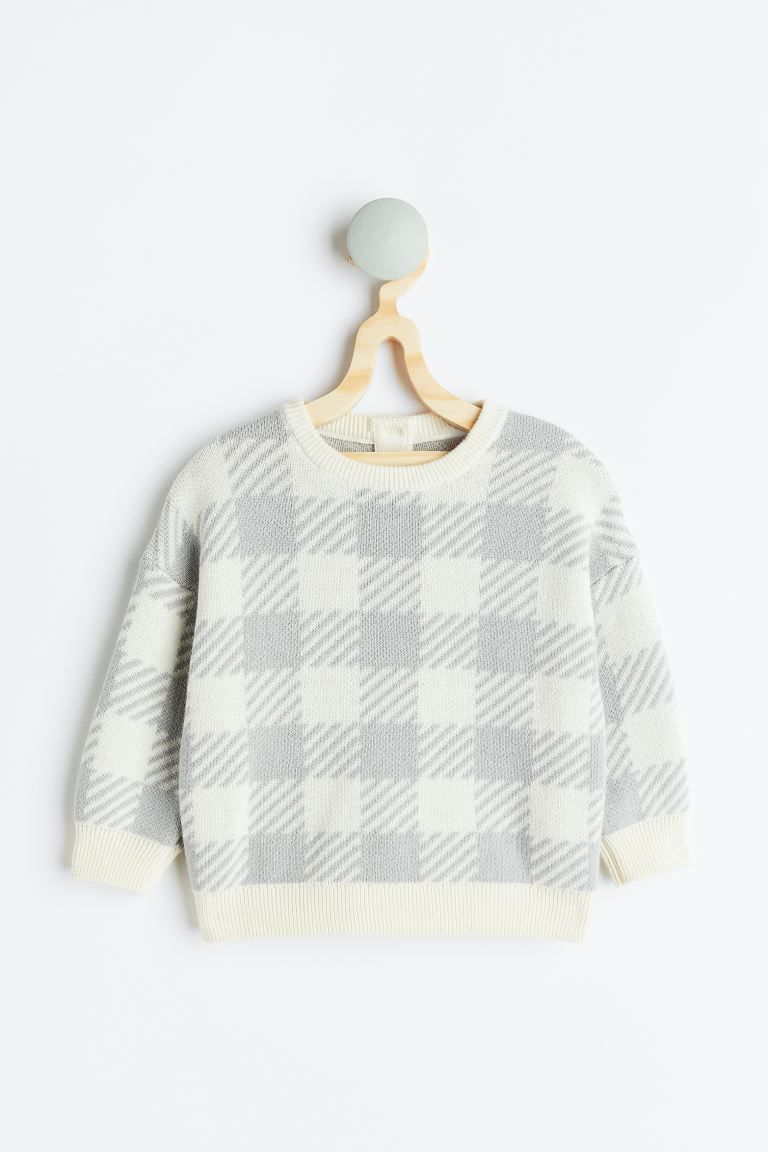 Jacquard-knit Cotton Sweater - Light gray/checked - Kids | H&M US | H&M (US)