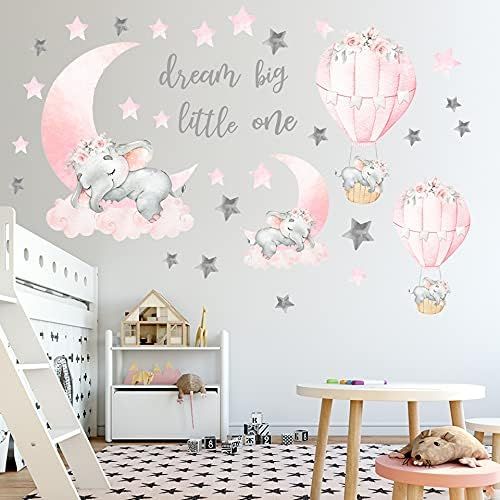 Dream Big Little One Elephant Wall Stickers, Pink Moon Hot Air Balloon Grey Stars Wall Decals for Nu | Amazon (US)