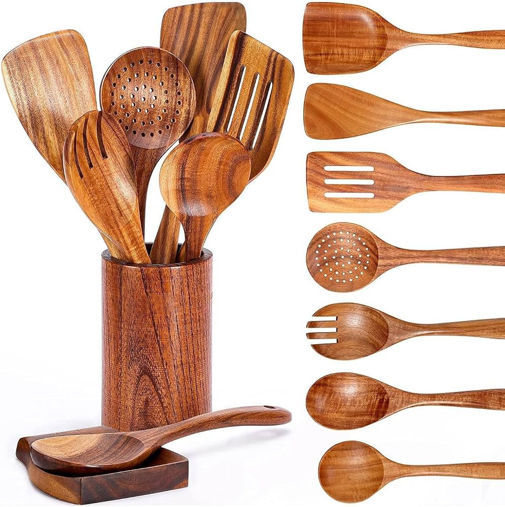 9 PCS Wooden Spoons for Cooking, Wooden Utensils for Cooking with Utensils Holder, Teak Wooden Ki... | Amazon (UK)