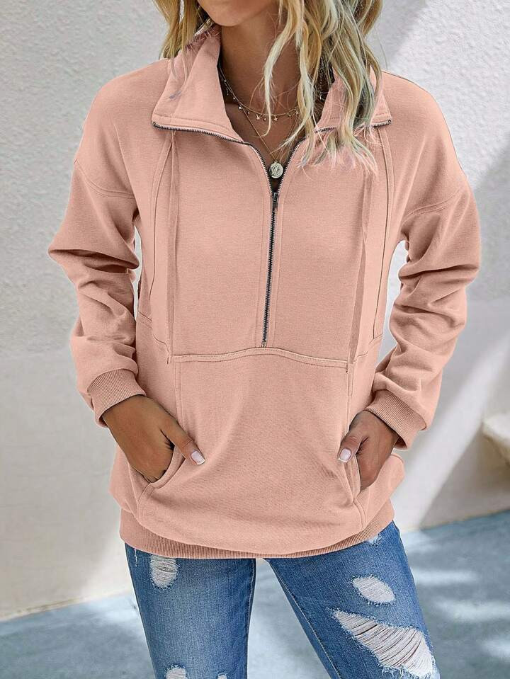 SHEIN LUNE Half Zip Kangaroo Pocket Drop Shoulder Sweatshirt | SHEIN