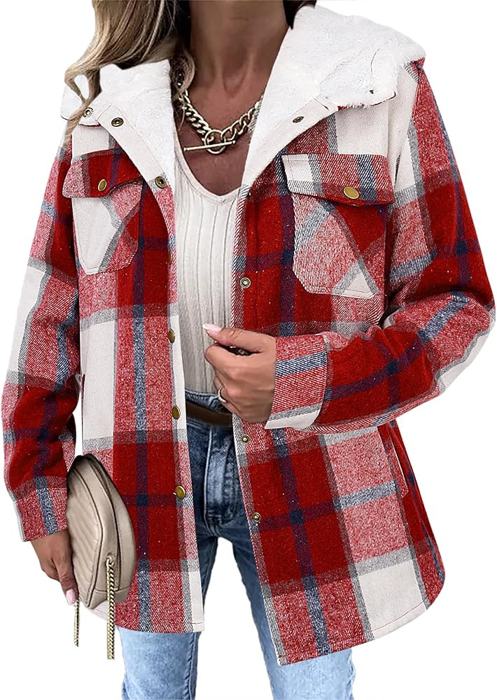 Zeagoo Womens Plaid Shacket Jacket Long Sleeve Fleece Hooded Jackets Fall Winter Warm Coat S-2XL | Amazon (US)