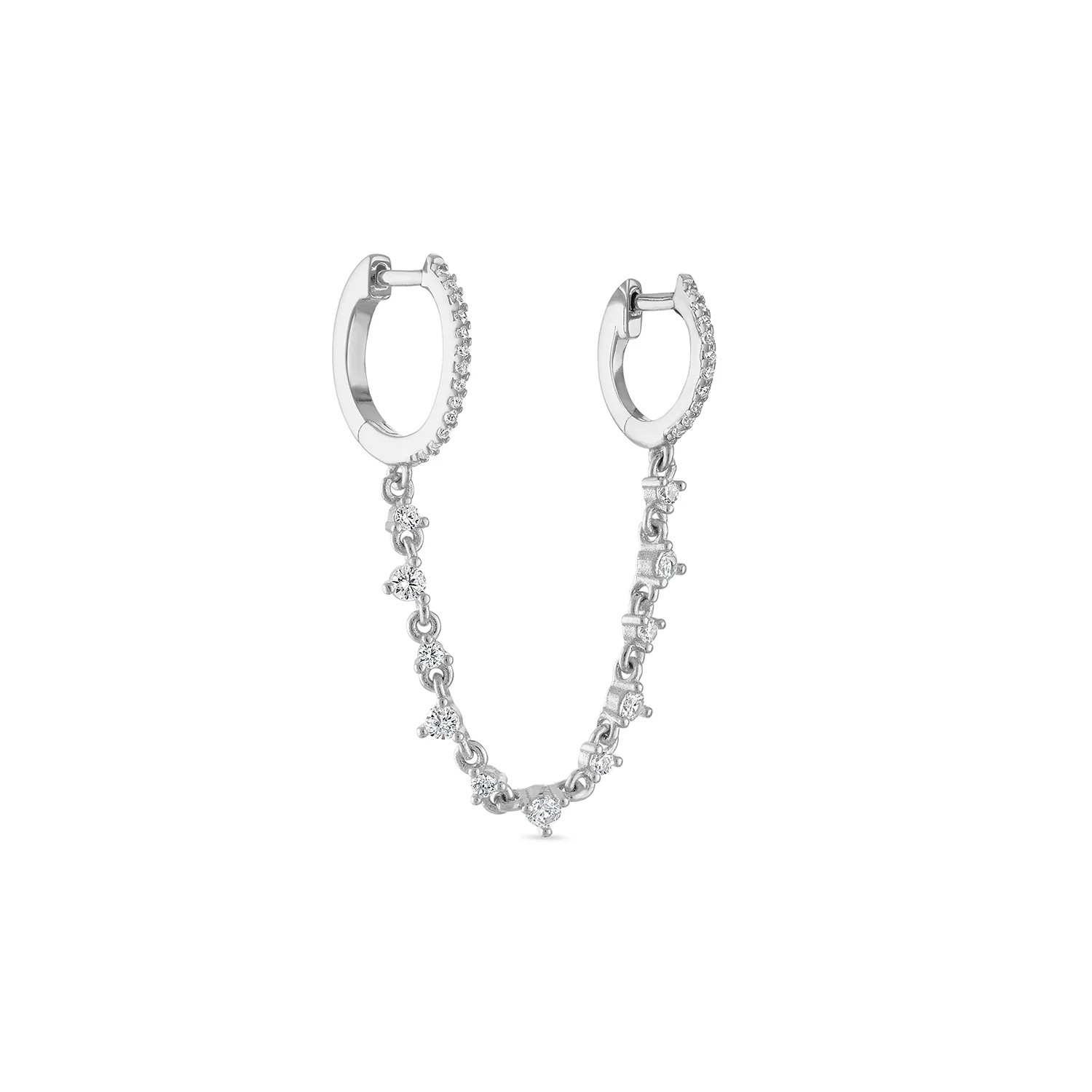 925 Sterling Silver CZ  Double Huggie with Dangle Chain Earring | Emily Volaski