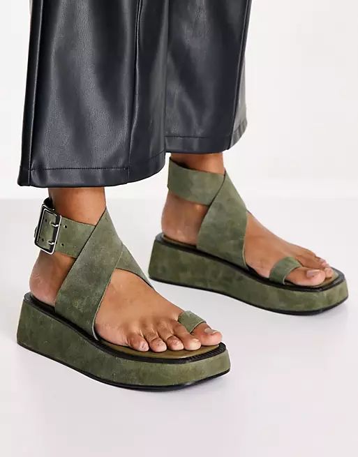 ASOS DESIGN Future premium suede flat sandals in khaki | ASOS (Global)
