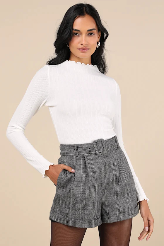 Charmed Vibes Ivory Ribbed Lettuce Edge Long Sleeve Top | Lulus