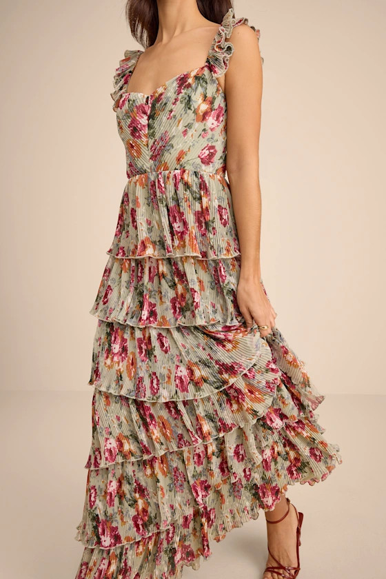 Alba Sage Floral Ruffled Tiered Maxi Dress | Lulus