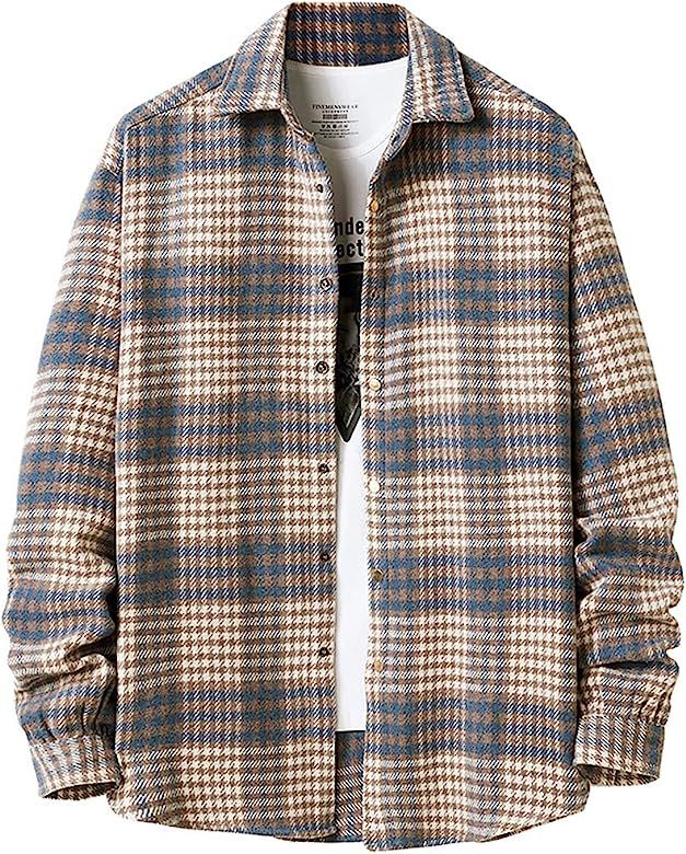 Locachy Men's Casual Cotton Plaid Shirts Long Sleeve Button-Down Flannel Overshirt Jacket | Amazon (US)