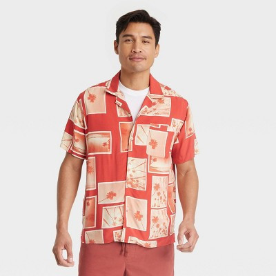 Men's Tree Print Short Sleeve Button-Down Shirt - Goodfellow & Co™ Red M: Casual Rayon Poplin Top | Target