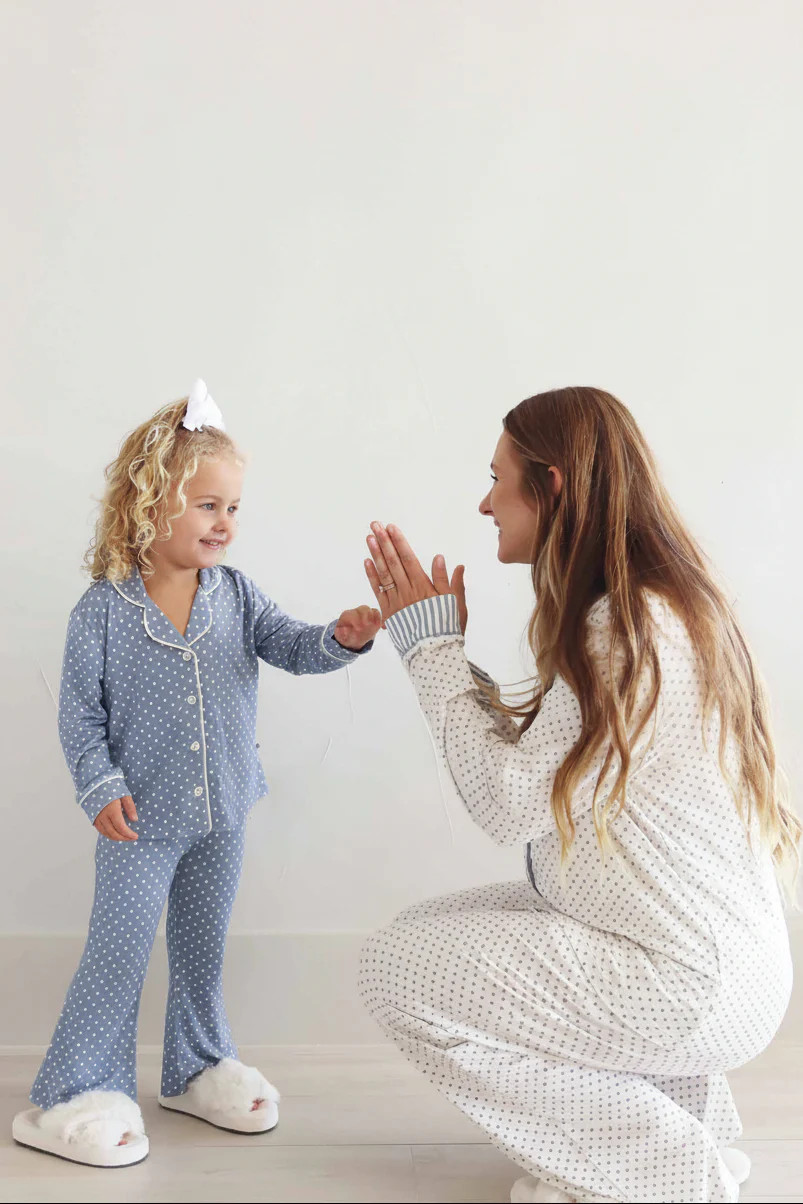 Girl's Two Piece Flare Lounge Set | Snuggle Spots Blue | Caden Lane