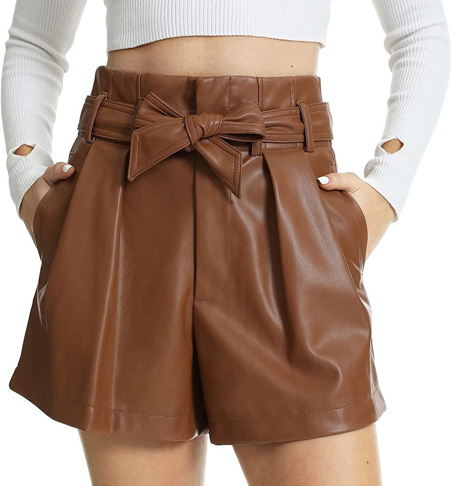 Fahsyee Faux Leather Shorts, Women Casual High Waisted Belted Wide Leg Flared with Pockets Elastic B | Amazon (US)