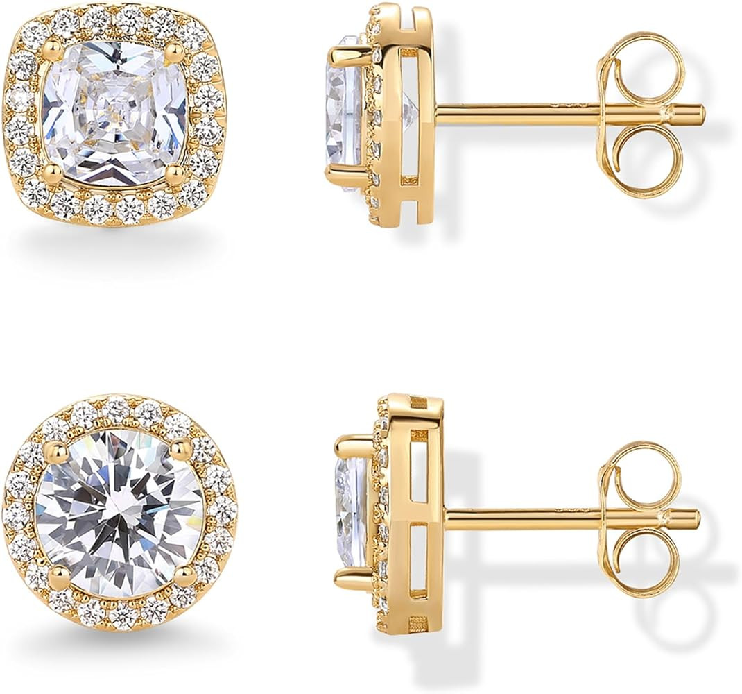 PAVOI 14K Gold Plated 925 Sterling Silver Post Brilliant Round Faux Diamond Halo Earrings - Premi... | Amazon (US)