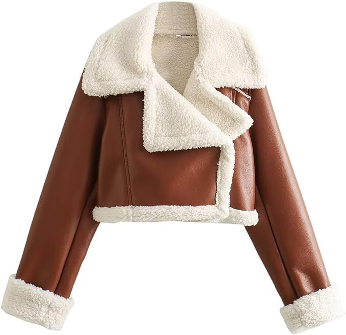 Women Leather Jacket Faux Fur Moto Jacket Thicken Fleece Lined Parka Winter Shearling Fluffy Coat... | Amazon (US)