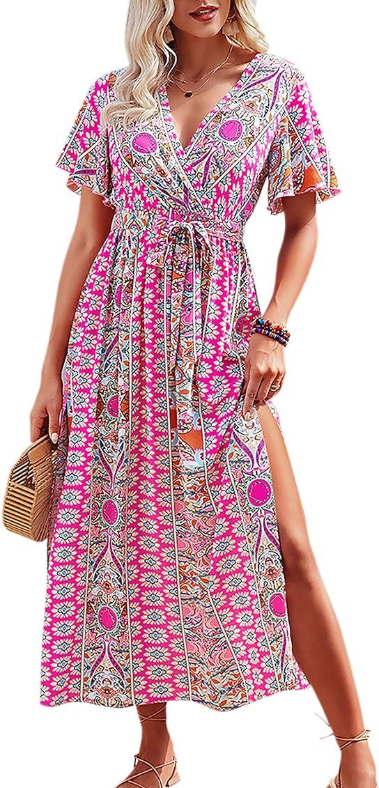 CCTOO Women's Summer Maxi Dress Casual Boho Floral Wrap V Neck Short Sleeve Ruffle Split Flowy Long  | Amazon (US)