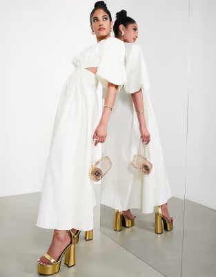 ASOS EDITION puff sleeve midi dress with cut out back in ivory | ASOS (Global)