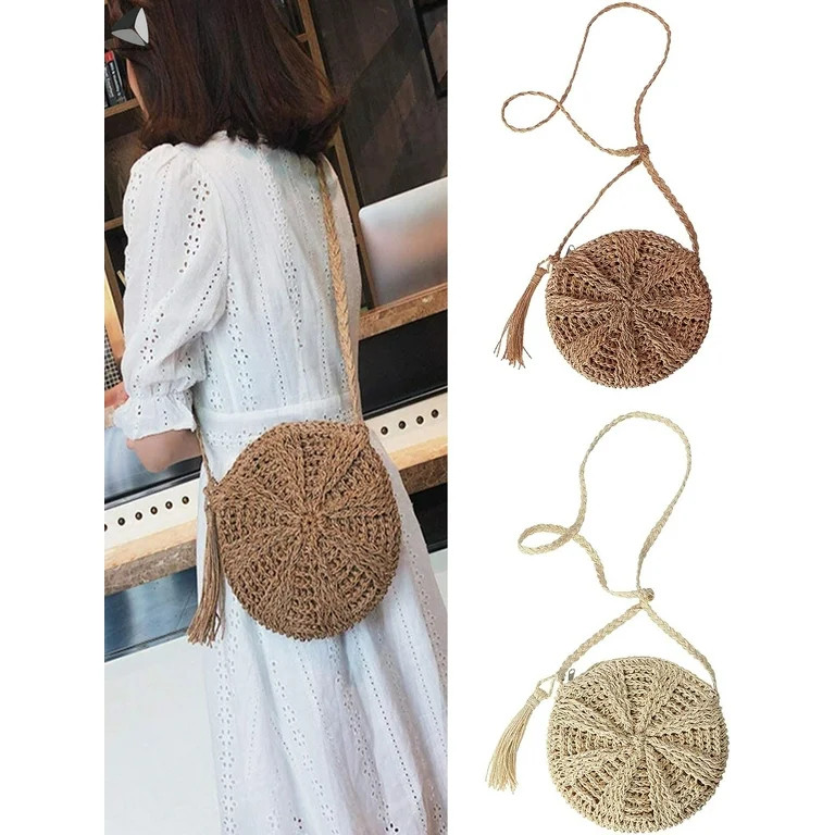 PULLIMORE Women Crossbody Straw Bags Woven Beach Rattan Shoulder Purse (Round, White) | Walmart (US)