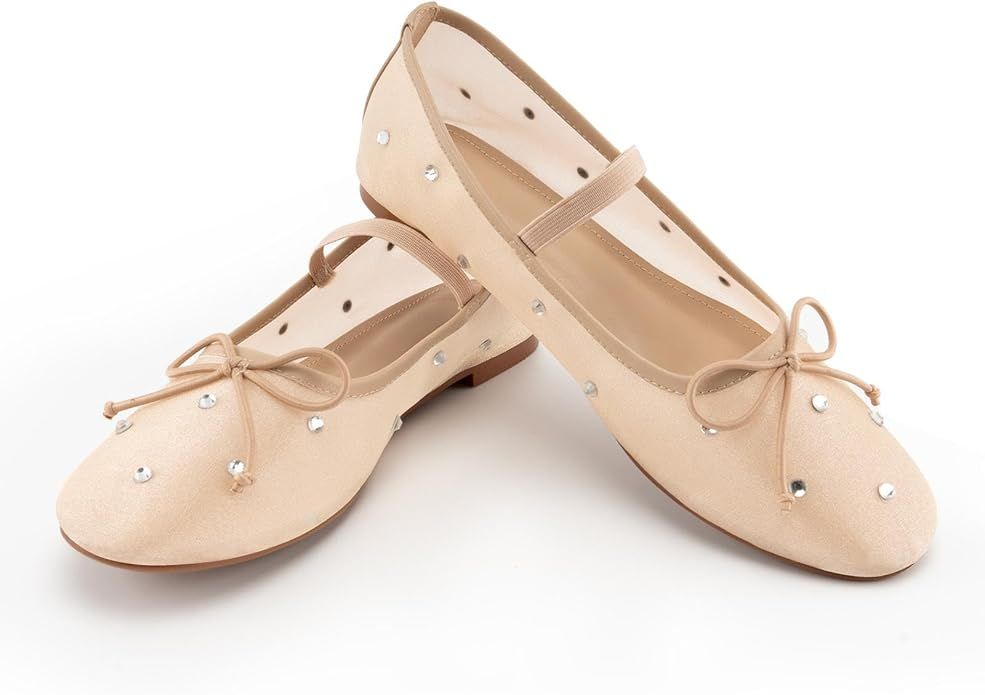 Rhinestone Mesh Flats Shoes,Round Toe Stretch Band Mary Jane Ballet Flats,Causal Fashion Cystal P... | Amazon (US)