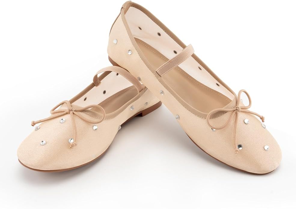 Rhinestone Mesh Flats Shoes,Round Toe Stretch Band Mary Jane Ballet Flats,Causal Fashion Cystal P... | Amazon (US)