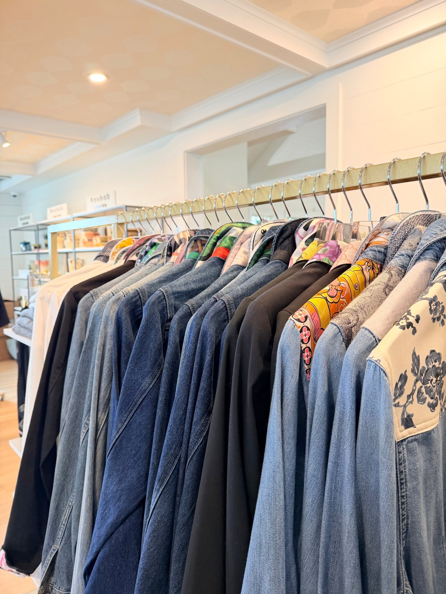 Cutest Jean jackets with repurposed designer scarves sewn into them!!!