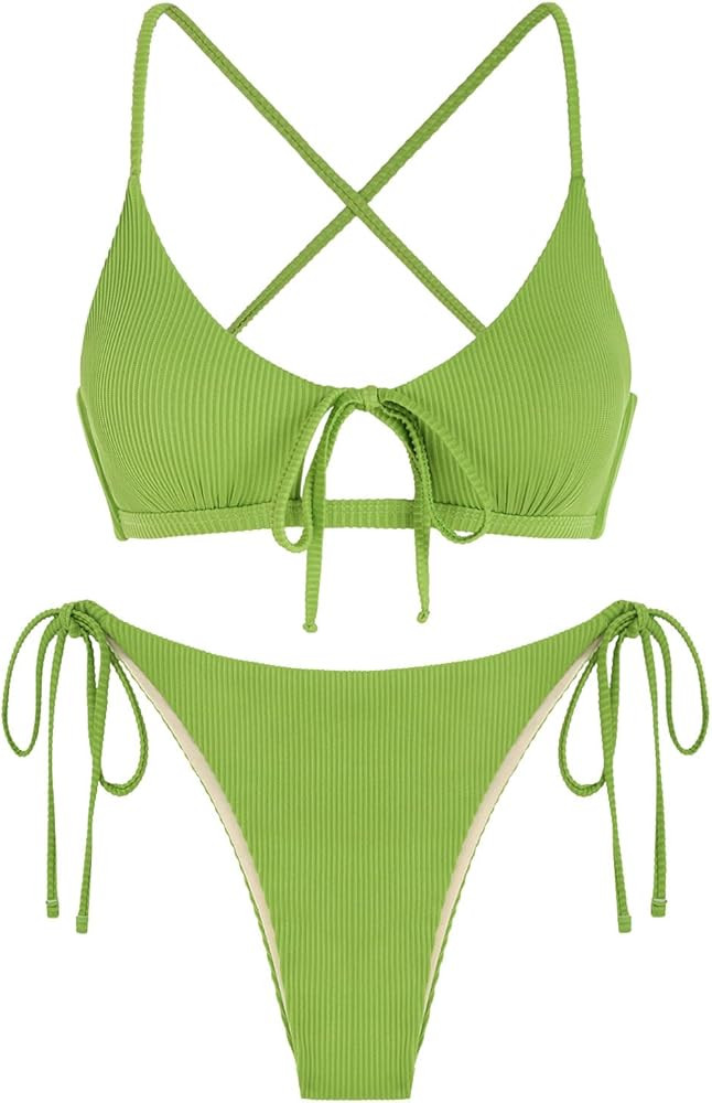 ZAFUL Women's Toile String Bikini Set Cut Out Lace Up Two Piece Swimsuit High Cut Tie Side Bathin... | Amazon (US)