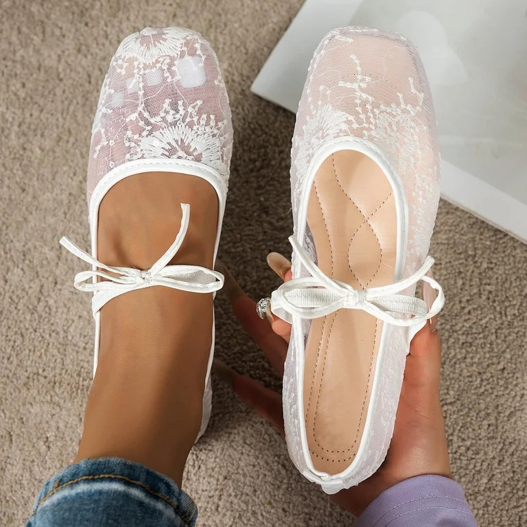 Wensltd Women Shoes Spring Fall Square Toe Flats Lace Design Mesh Upper Cutout Style Shoes Dressy... | Walmart (US)