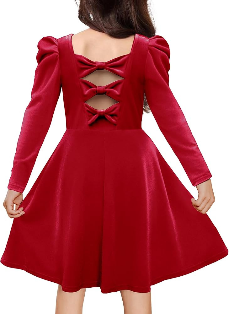 Arshiner Girls Dresses Long Sleeve Crew Neck Bow Back Velvet Formal Party Dresses with Pockets | Amazon (US)