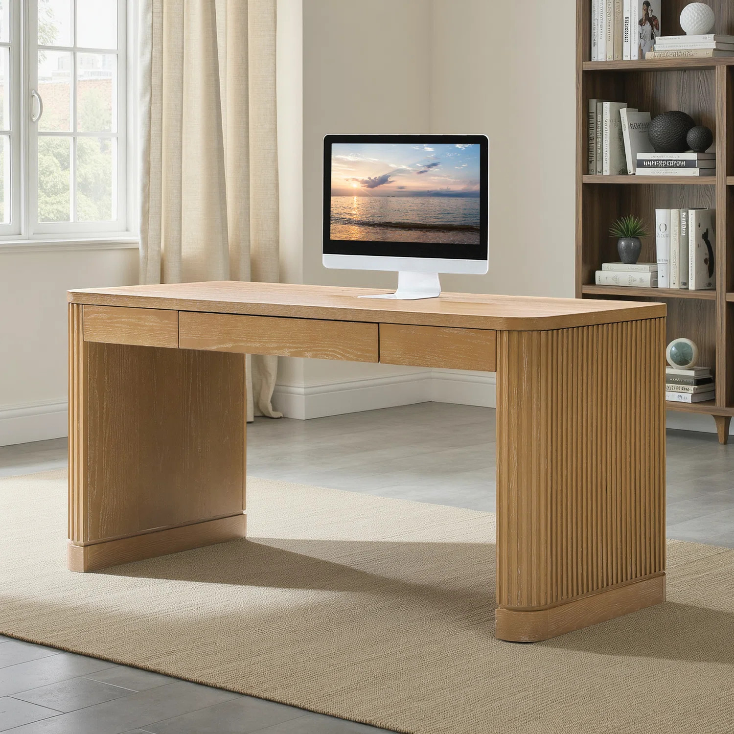 Kaybri Aranza 60”Solid Wood Base Fluted Desk with Cable Management and Power Outlets | Wayfair North America