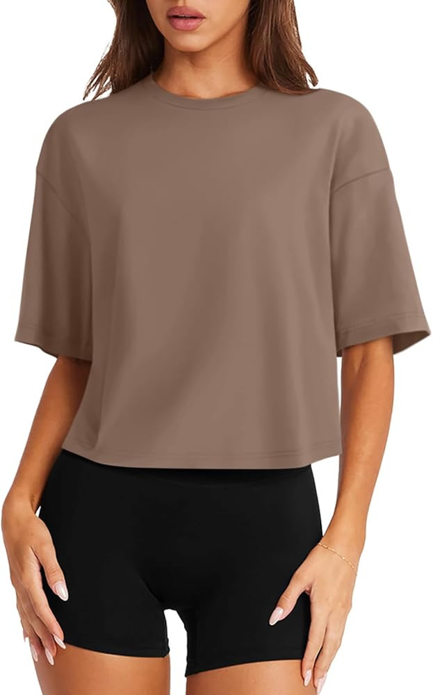 LASLULU Womens Cotton Short Sleeve Workout Shirts Loose Fit Crop Tops Yoga Gym Tee Casual Athleti... | Amazon (US)