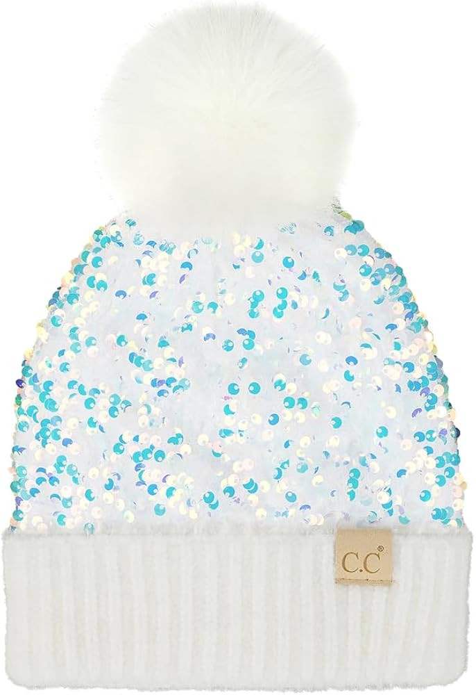 C.C Kids Sequin Fur Pom Beanie for Boys Girls - Comfortable Soft Warm Children Youth Knit Skully ... | Amazon (US)