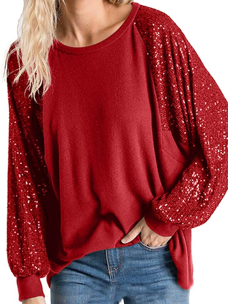 ALLTB Women's Sparkle Sequin Tops Sweatshirt Shimmer Glitter Long Sleeve Blouses Crewneck Loose Fit  | Amazon (US)