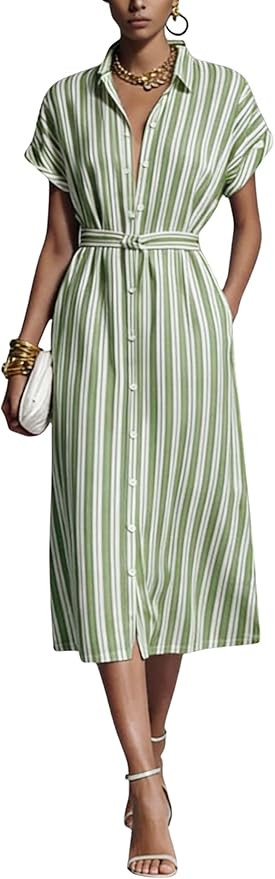 chouyatou Women's Boho Striped Floral Belted Shirt Dress Short Sleeve Casual Loose Button Down Mi... | Amazon (US)