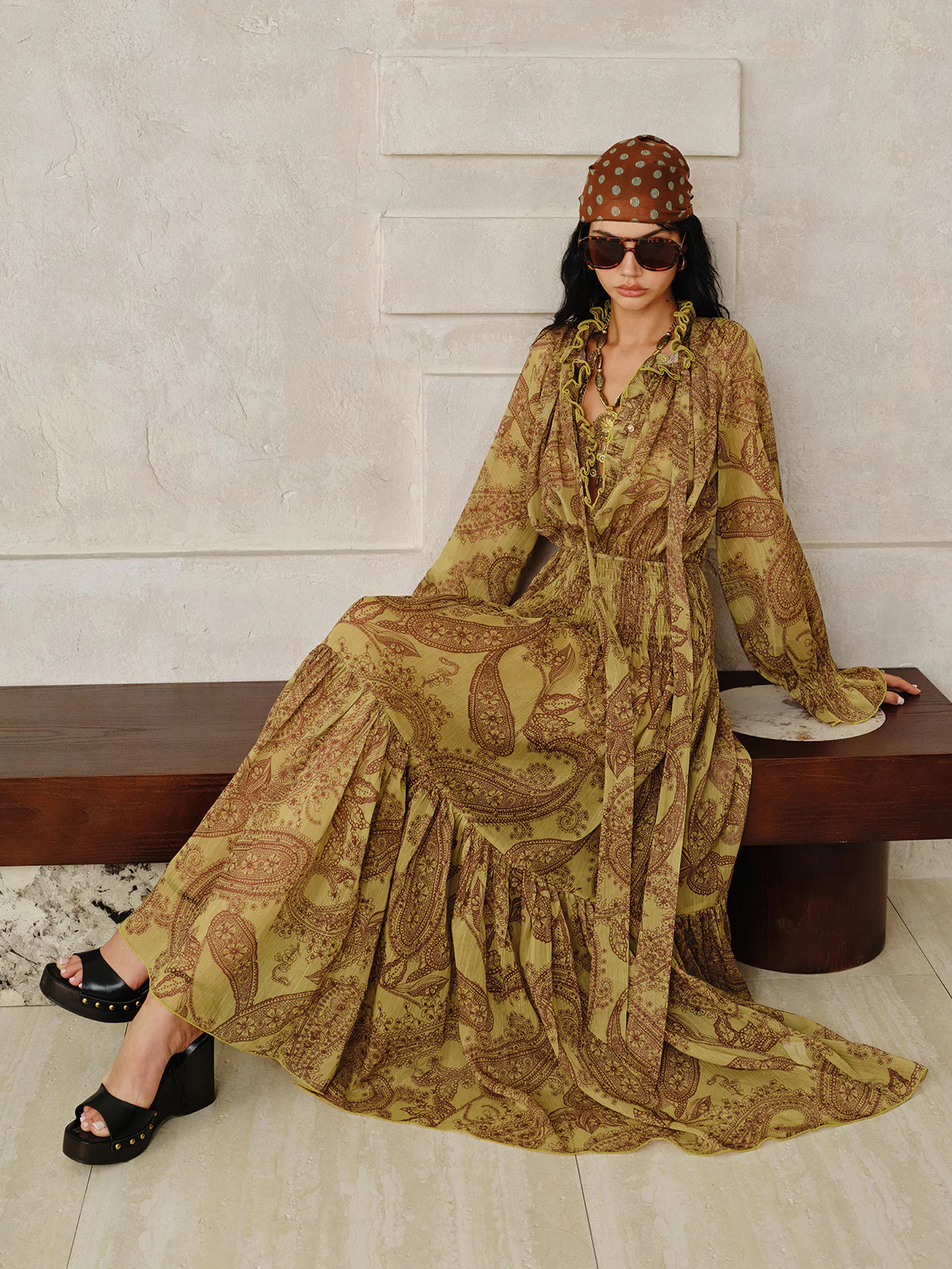 Boho Print Chiffon Maxi Dress Set with Liner | Commense