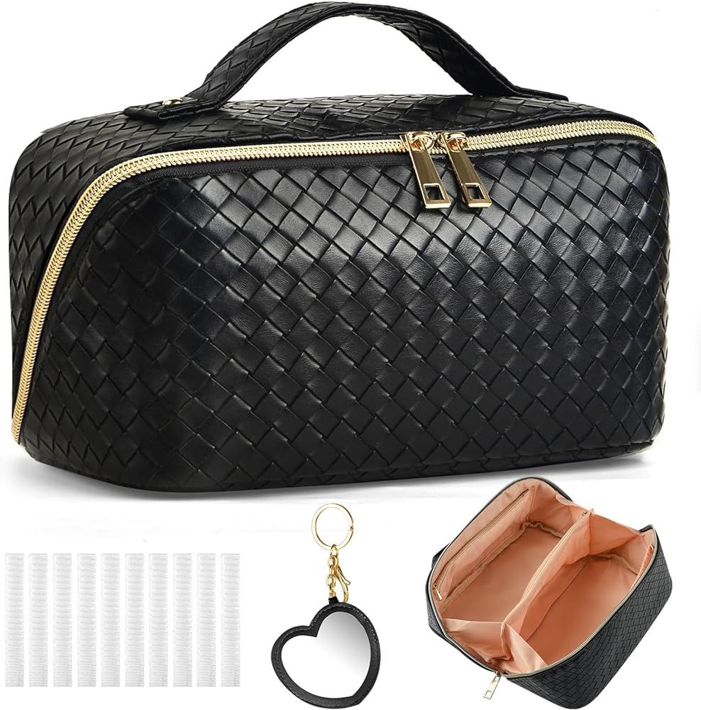 Large Makeup Bag Leather Travel Cosmetic Bag Capacity Waterproof Open Flat Toiletry Make up Bag w... | Amazon (US)