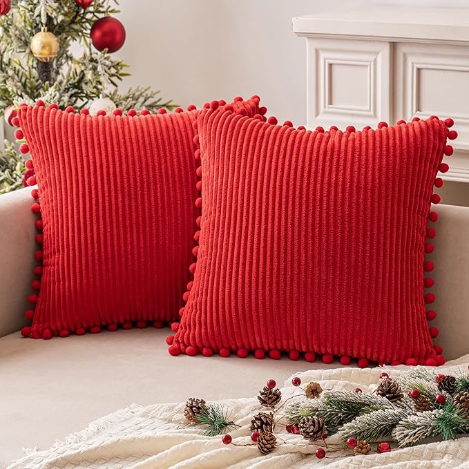 MIULEE Christmas Boho Decorative Throw Pillow Covers with Pom-poms, Soft Corduroy Square Solid Lu... | Amazon (US)