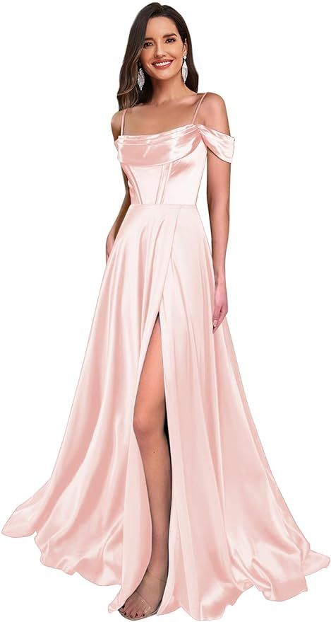 LANGKAAO Satin Prom Dresses for Women Long A-Line Side Slit Off The Shoulder Bridesmaid Formal Go... | Amazon (US)