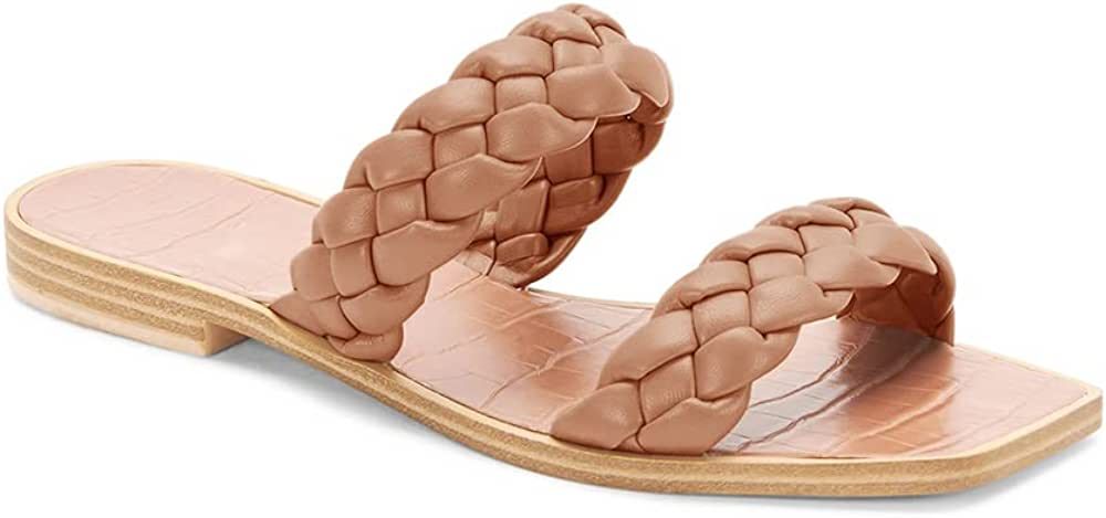 Trish Lucia Women's Square Open Toe Flat Sandals Braided Strap Slip-on Slides Mules Woven Leather Sl | Amazon (US)