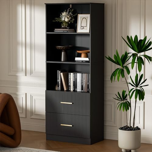Housoul Black Bookshelf with Drawers, 63" Tall Bookshelf with Storage, 3 Shelf Bookcase with Adjustable Shelf, 3 Tier Modern Bookshelf, Open Shelves Bookcase, Unique Bookshelf for Home Office, Black | Amazon (US)