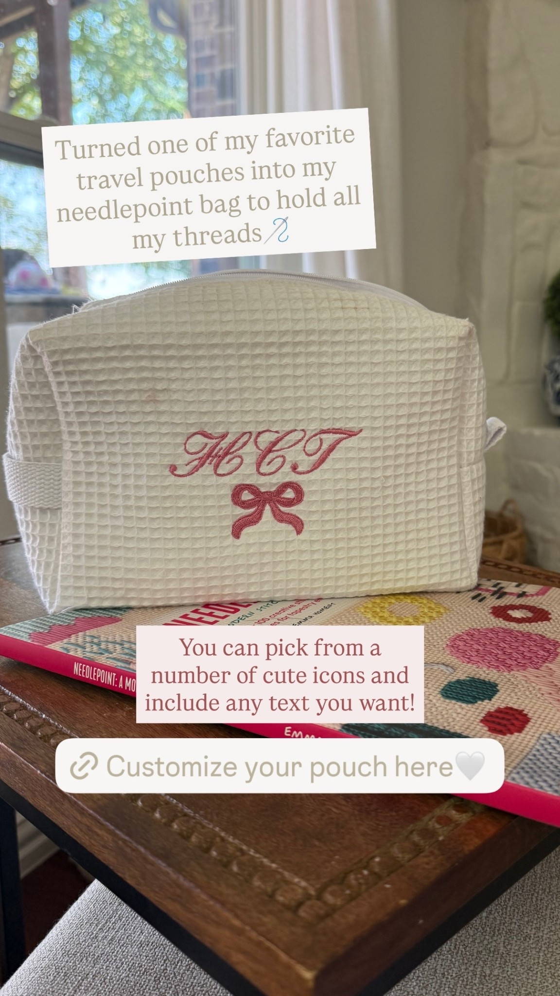 @abbode  You can pick from a number of cute icons and include any text you want! Turned one of my favorite travel pouches into my needlepoint bag to hold all my threads🪡
