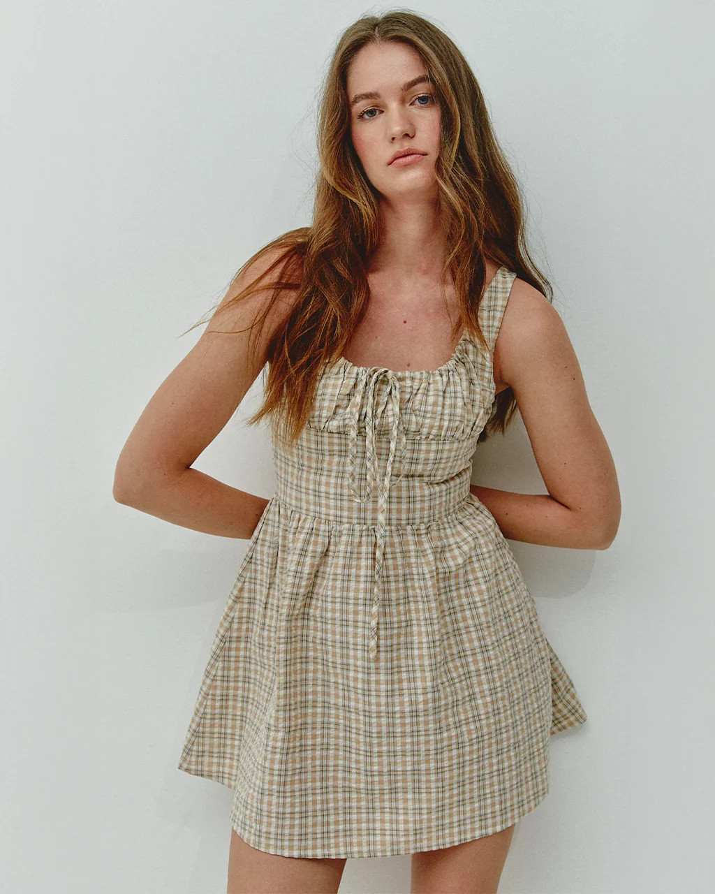 Beige Gingham Check Mini Dress | ban.do
